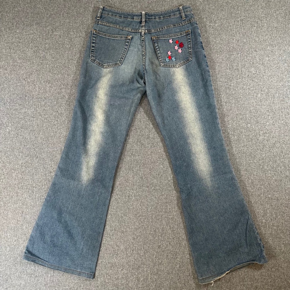 Qianzhimeng Vintage Y2K Floral Embroidered Flare Jeans Blue Denim Womens 28 - Picture 2 of 10